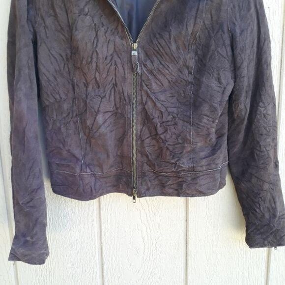 Isaac Mizrahi Leather Suede Jacket Moto Distressed Crinkle Textured Brown Sz M - Picture 7 of 14